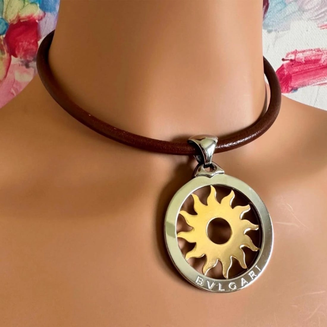 Bulgari Tondo Sun 18k Gold Steel Extra Large Pendant Brown Leather Necklace - 3