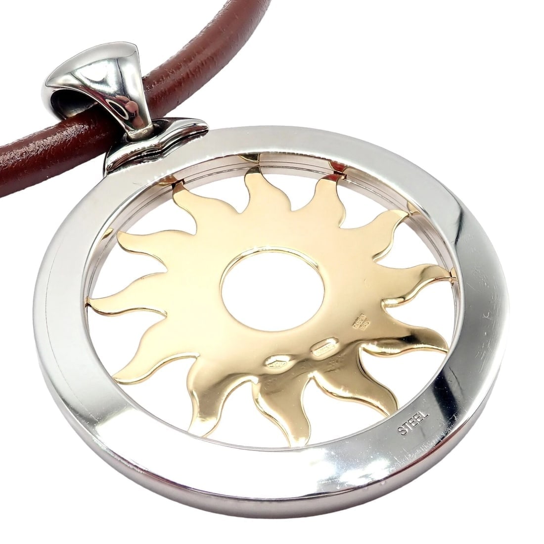 Bulgari Tondo Sun 18k Gold Steel Extra Large Pendant Brown Leather Necklace - 5