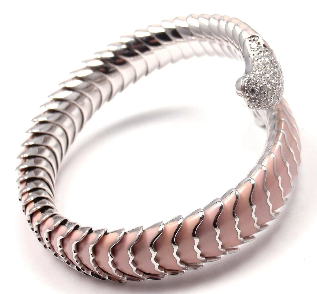 Authentic! Roberto Coin 18k White Gold Enamel Ruby Diamond Cobra Bangle Bracelet - 3