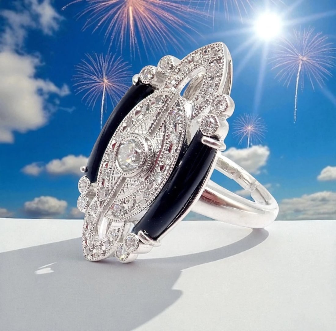 Vintage Estate Platinum Diamond 0.62ctw Onyx Ring sz 7.5 - 2