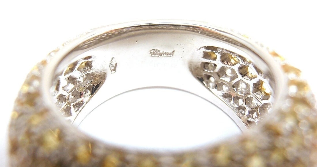 Authentic! Chopard 18k White Gold Yellow Sapphire Diamond Wave Wide Band Ring - 11