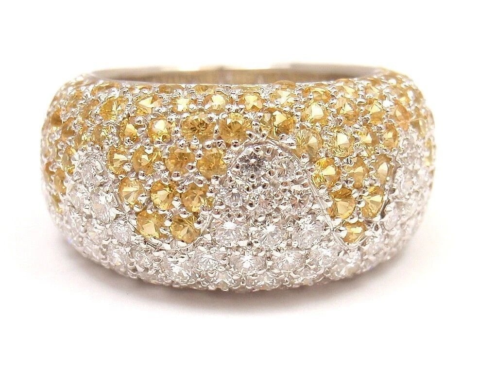 Authentic! Chopard 18k White Gold Yellow Sapphire Diamond Wave Wide Band Ring - 3