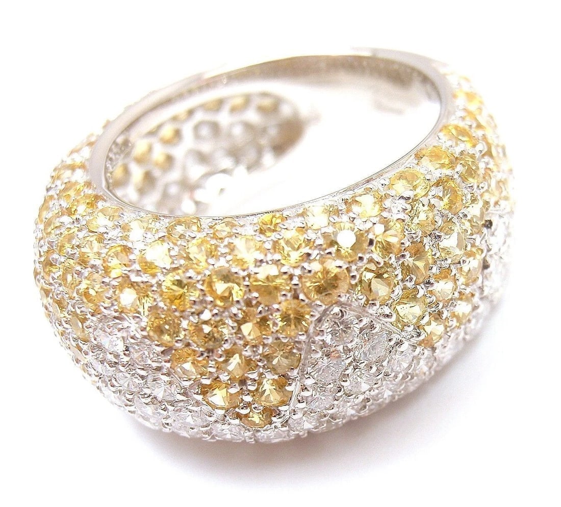 Authentic! Chopard 18k White Gold Yellow Sapphire Diamond Wave Wide Band Ring - 6