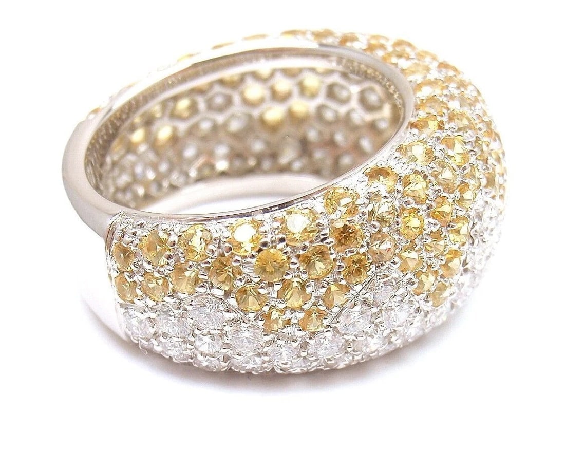 Authentic! Chopard 18k White Gold Yellow Sapphire Diamond Wave Wide Band Ring - 7