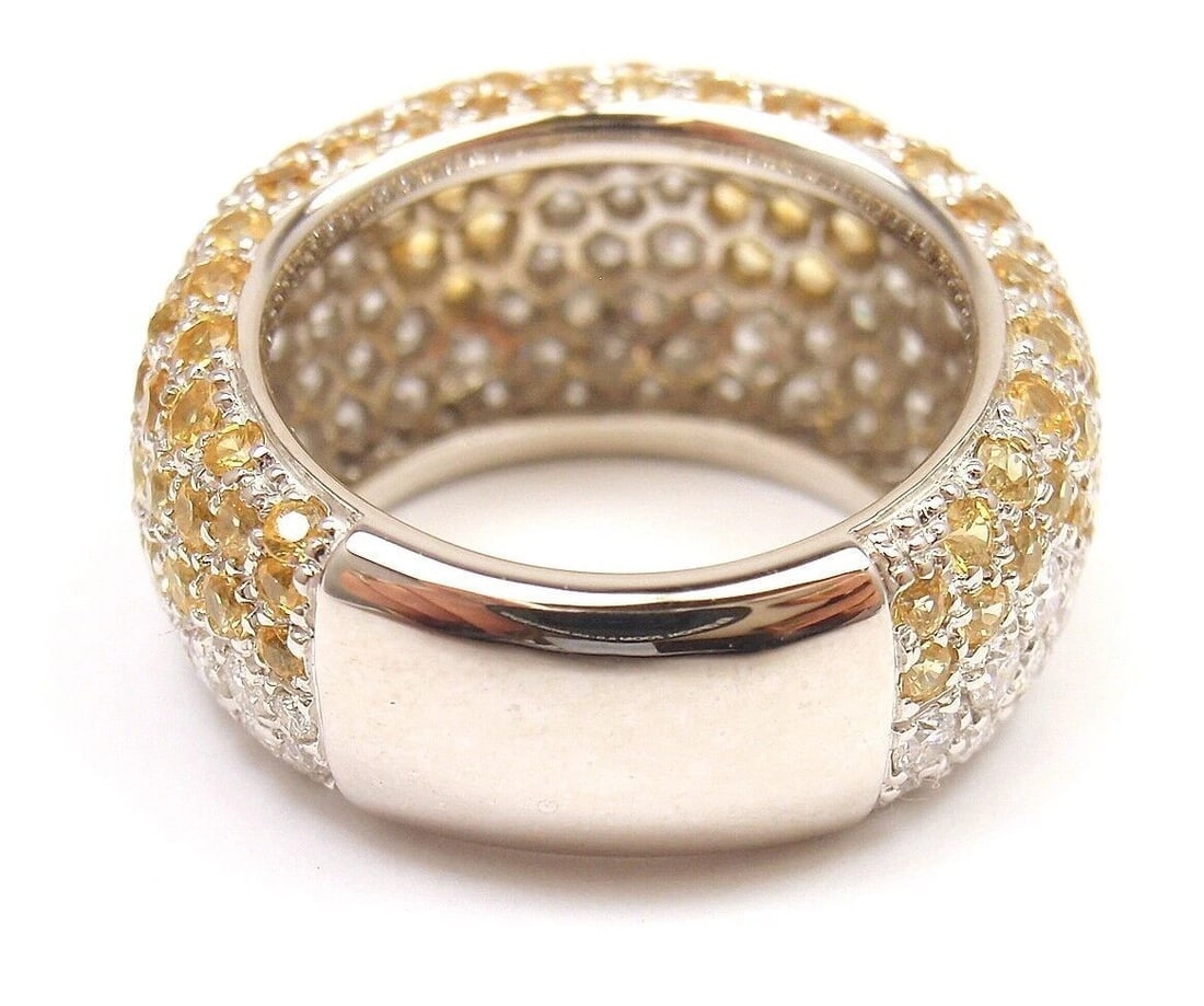 Authentic! Chopard 18k White Gold Yellow Sapphire Diamond Wave Wide Band Ring - 8