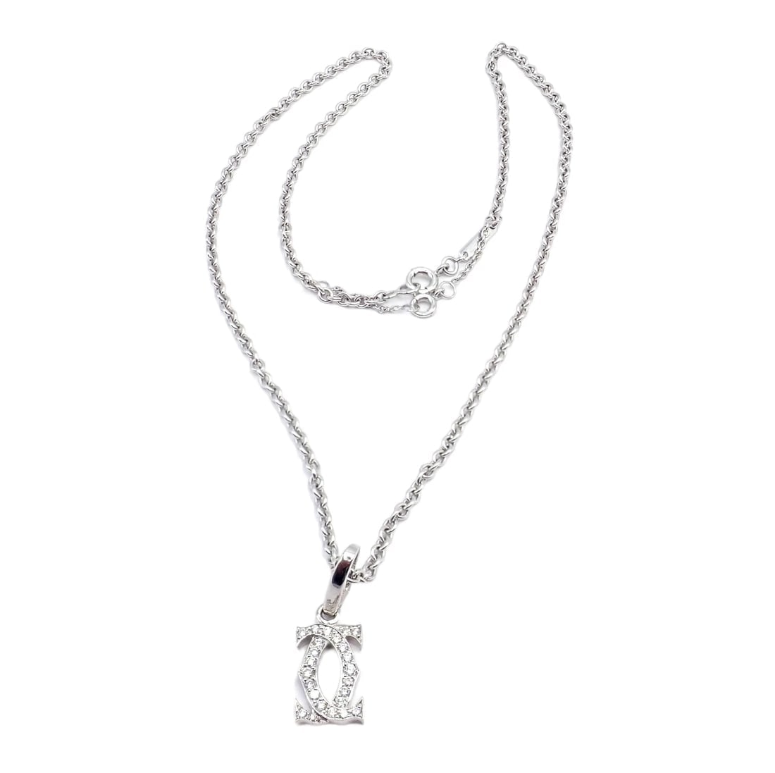 Authentic! Cartier Double C 18k White Gold Diamond Pendant Necklace - 11