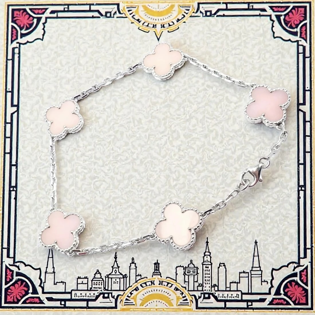 Authentic! Van Cleef & Arpels Alhambra 18k White Gold Pink Opal Bracelet Cert. - 2