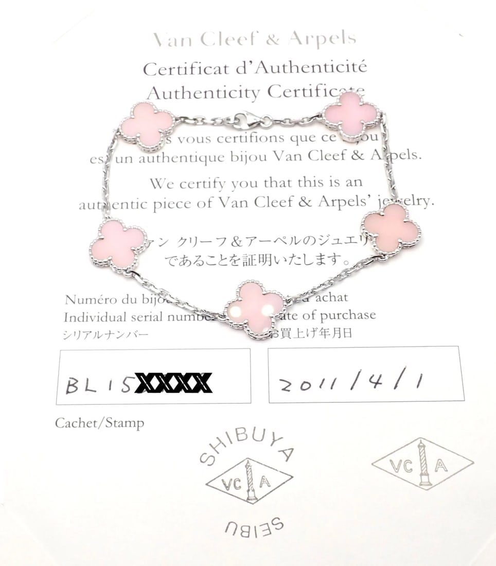 Authentic! Van Cleef & Arpels Alhambra 18k White Gold Pink Opal Bracelet Cert. - 8