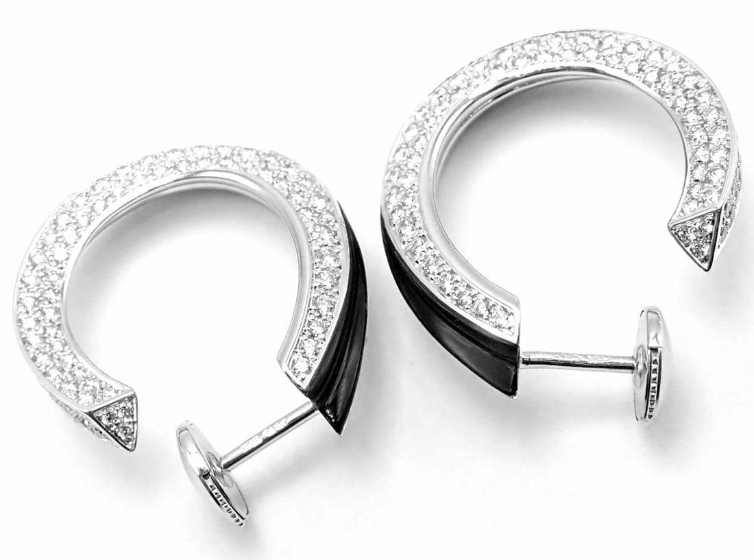 Authentic! Cartier Panthere 18k White Gold Diamond Onyx Hoop Earrings - 7
