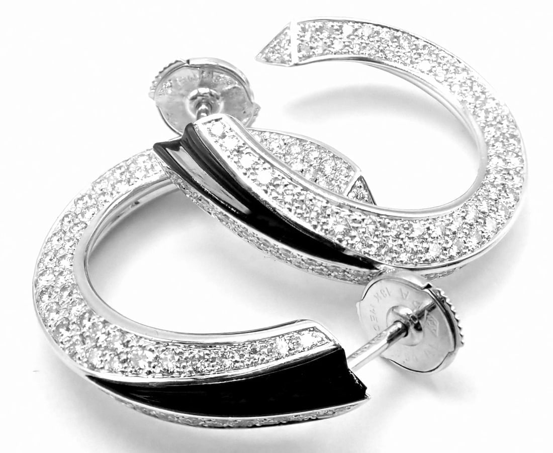 Authentic! Cartier Panthere 18k White Gold Diamond Onyx Hoop Earrings - 8