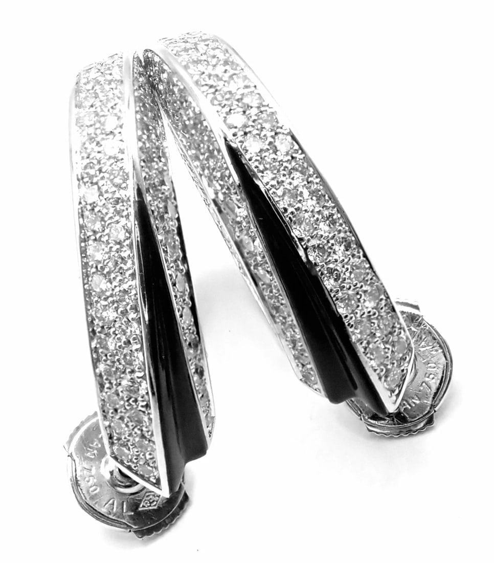 Authentic! Cartier Panthere 18k White Gold Diamond Onyx Hoop Earrings - 9