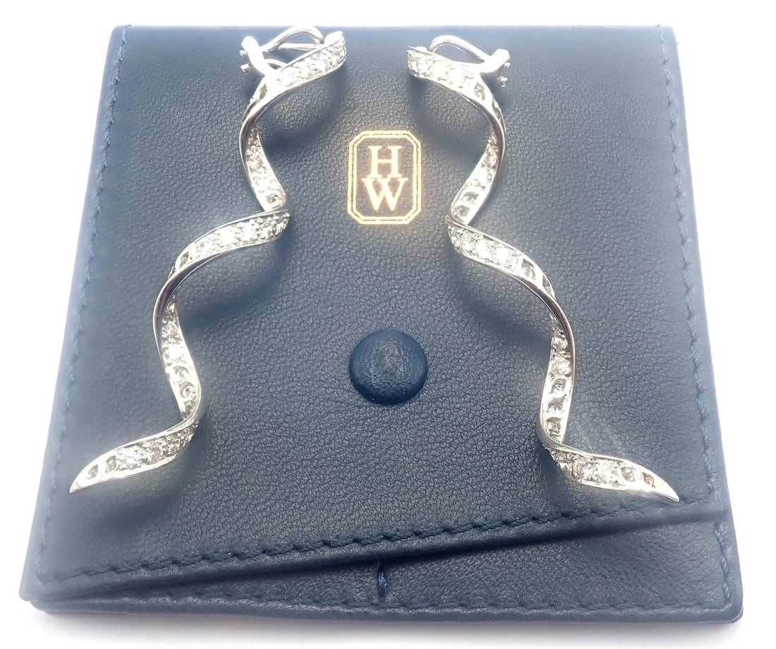 Authentic! Harry Winston Platinum Diamond Twisted Long Hanging Drop Earrings - 10