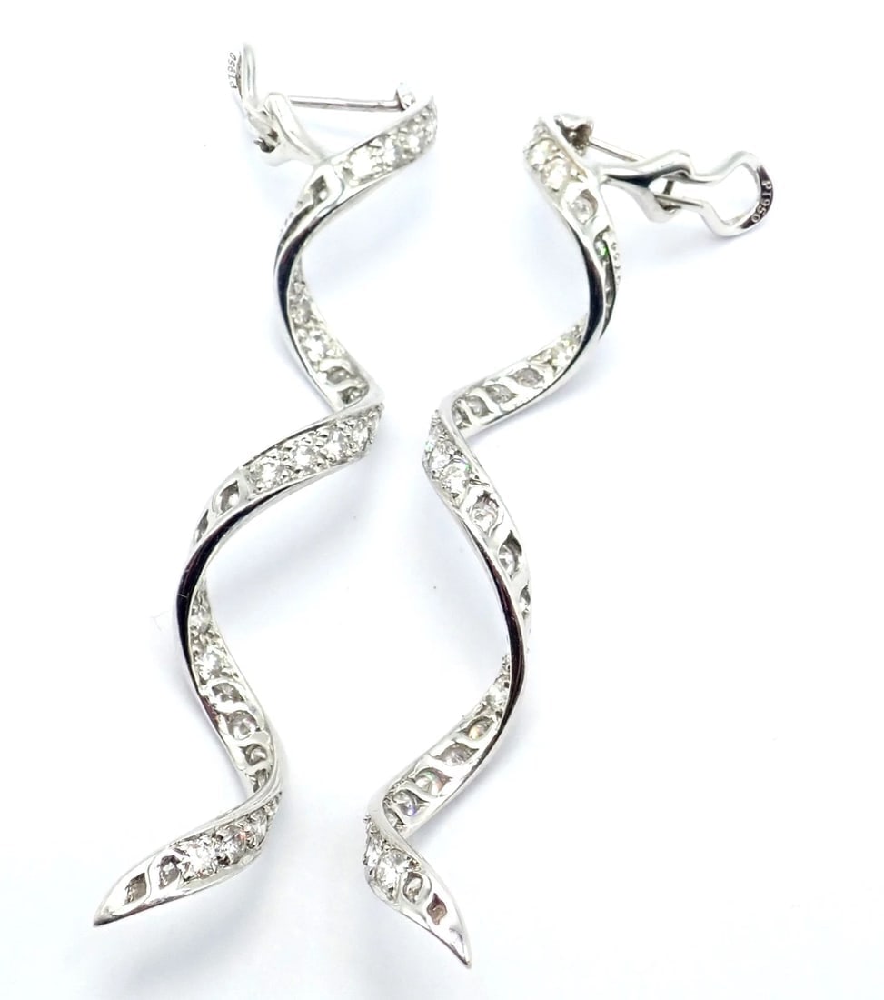 Authentic! Harry Winston Platinum Diamond Twisted Long Hanging Drop Earrings - 19
