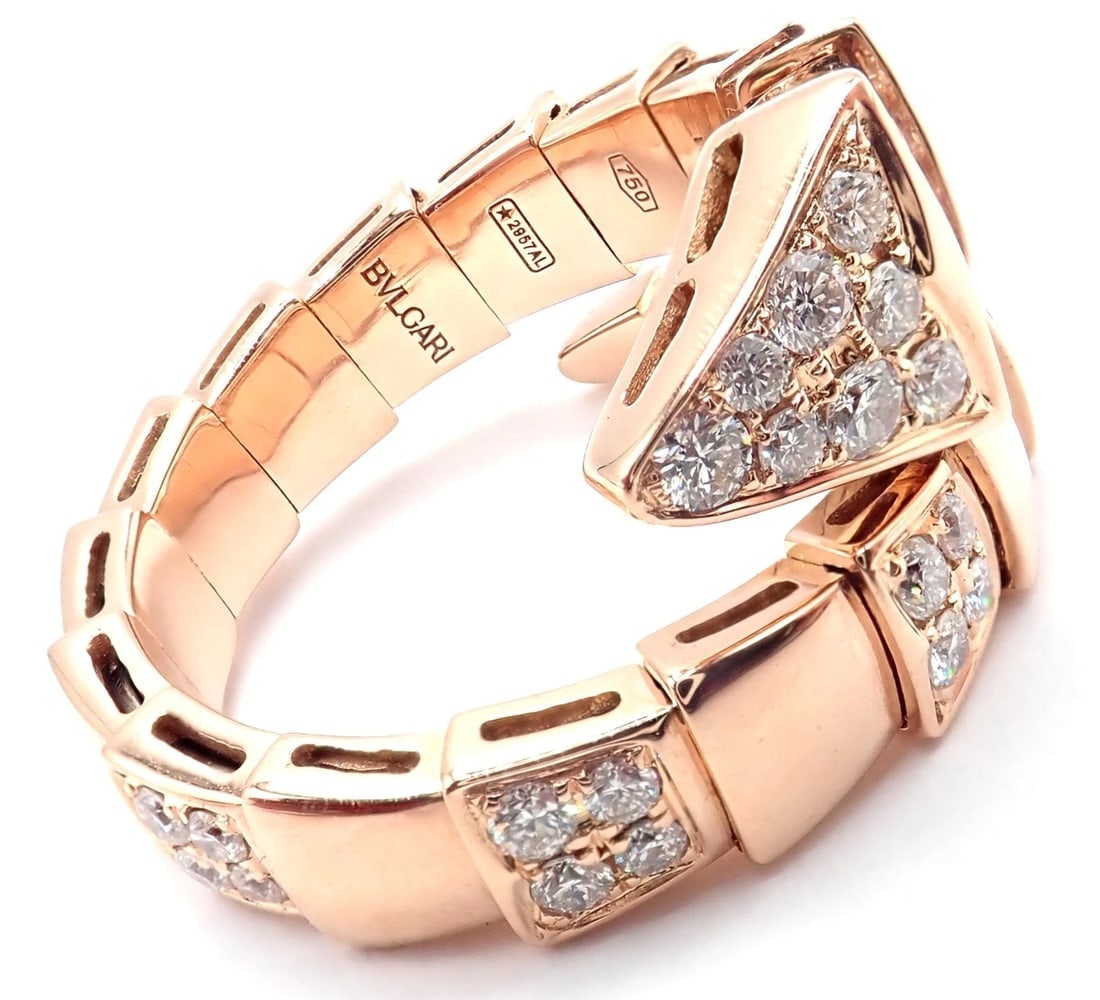 Authentic Bulgari Bvlgari Serpenti Viper 18k Rose Gold Diamond Band Ring Sz 8.75 - 5