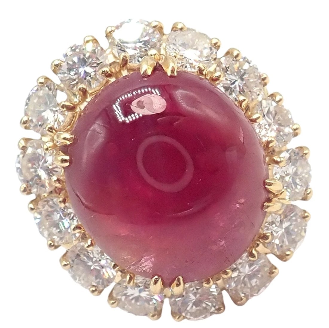 Authentic! Van Cleef & Arpels 18k Yellow Gold Large Cabochon Ruby Diamond Ring - 9