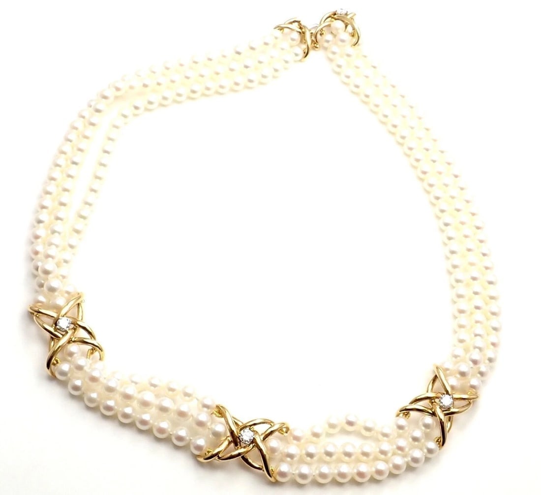 Authentic! Tiffany & Co 18k Yellow Gold Diamond 3 Strand Pearl Necklace - 3