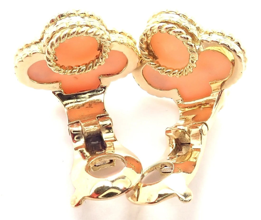 Van Cleef & Arpels Vintage Alhambra 18k Yellow Gold Coral Earrings Paper - 8