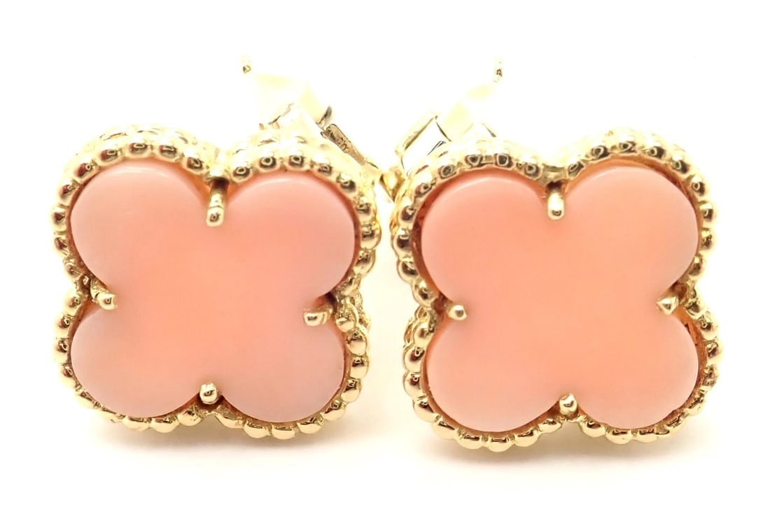 Van Cleef & Arpels Vintage Alhambra 18k Yellow Gold Coral Earrings Paper - 9