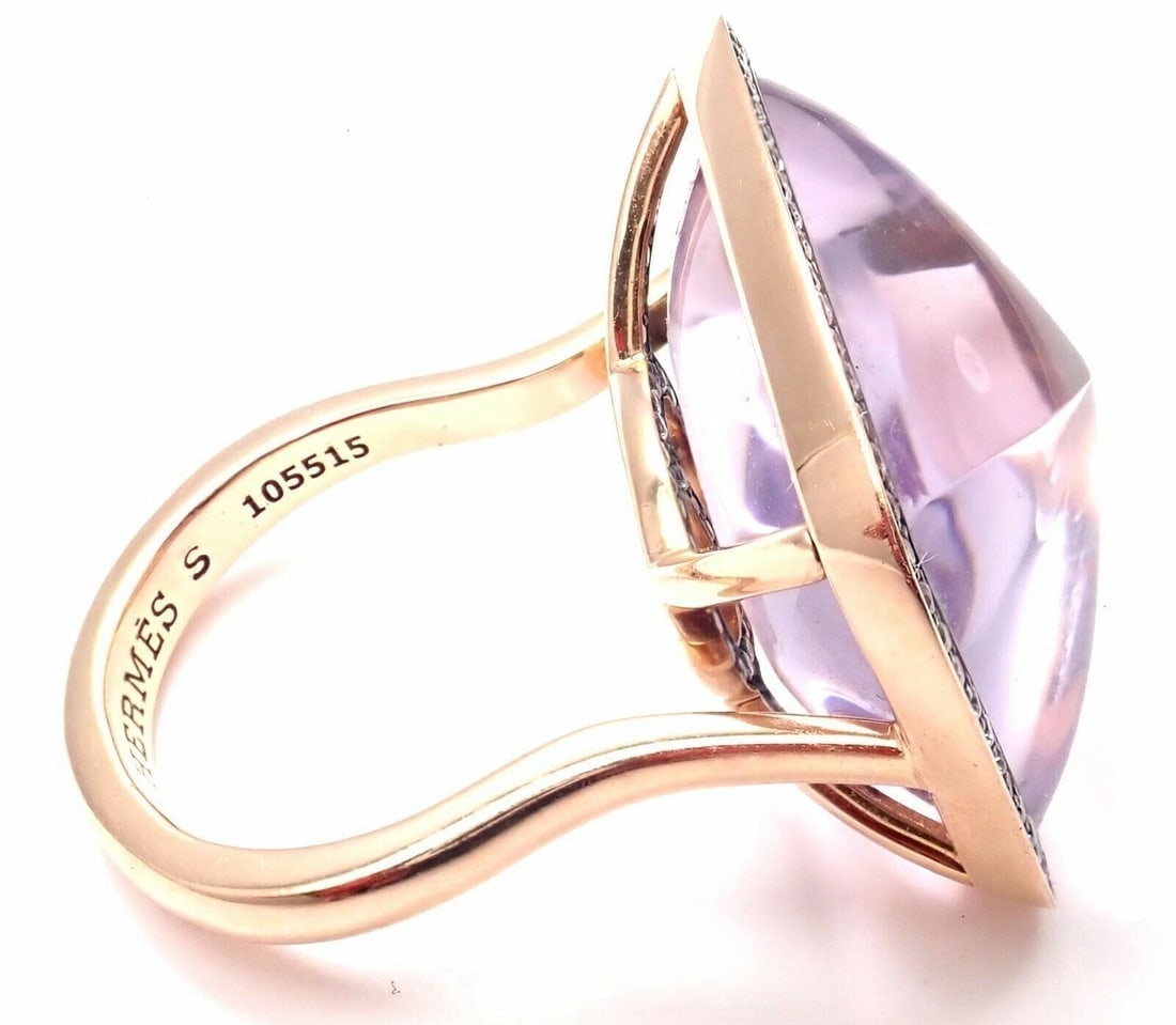 Rare! Authentic Hermes 18k Rose Gold Diamond Large Amethyst Ring - 4