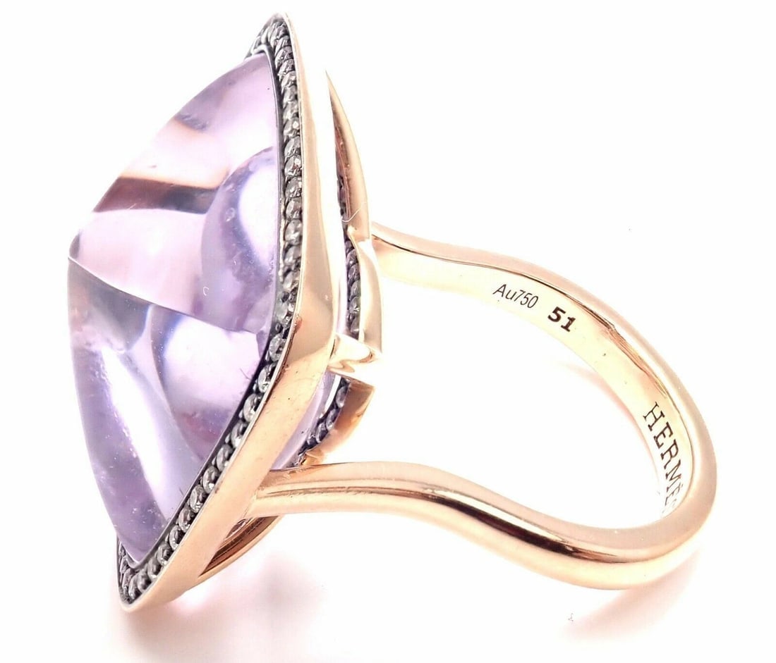 Rare! Authentic Hermes 18k Rose Gold Diamond Large Amethyst Ring - 7