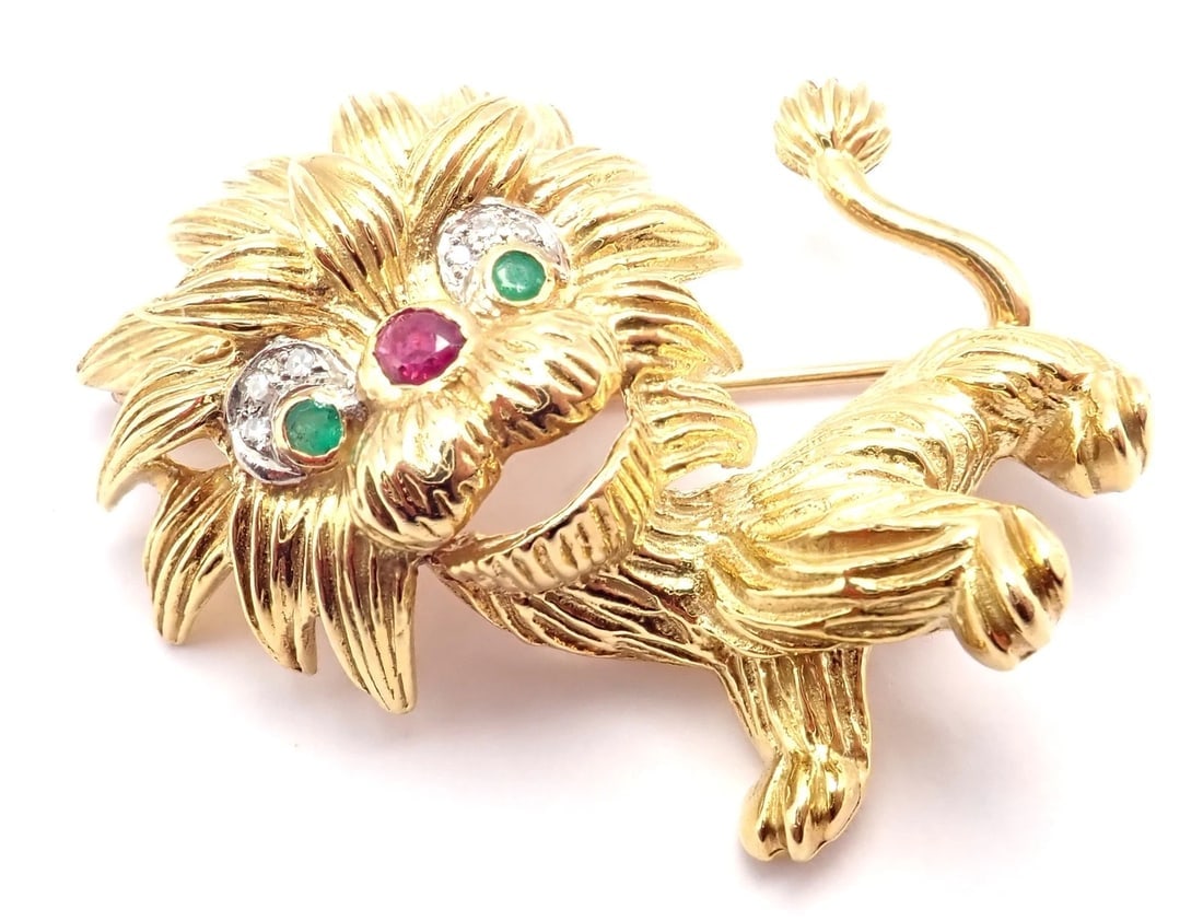 Authentic! Cartier Whimsical Dragon Lion 18k Yellow Gold Diamond Ruby Pin Brooch - 14