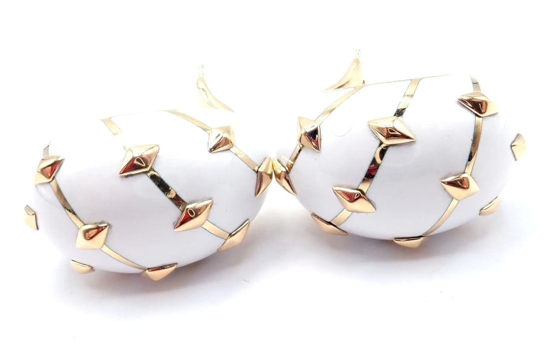 Tiffany & Co Schlumberger Dot Losange 18k Yellow Gold White Enamel Hoop Earrings - 15