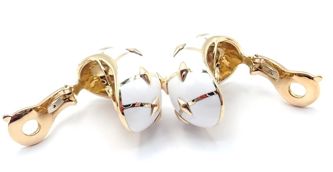 Tiffany & Co Schlumberger Dot Losange 18k Yellow Gold White Enamel Hoop Earrings - 6