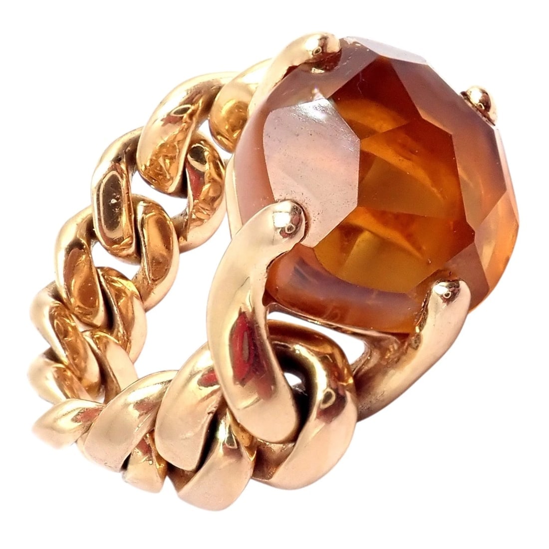 Authentic! Pomellato 18k Yellow Gold Lola Madeira Curb Link Citrine Ring Sz 5: The Pomellato Lola Madeira ring features a bold faceted citrine set in warm 18k yellow gold. A chunky curb-link band adds contemporary edge, balancing Italian craftsmanship with vibrant color. Chic, s