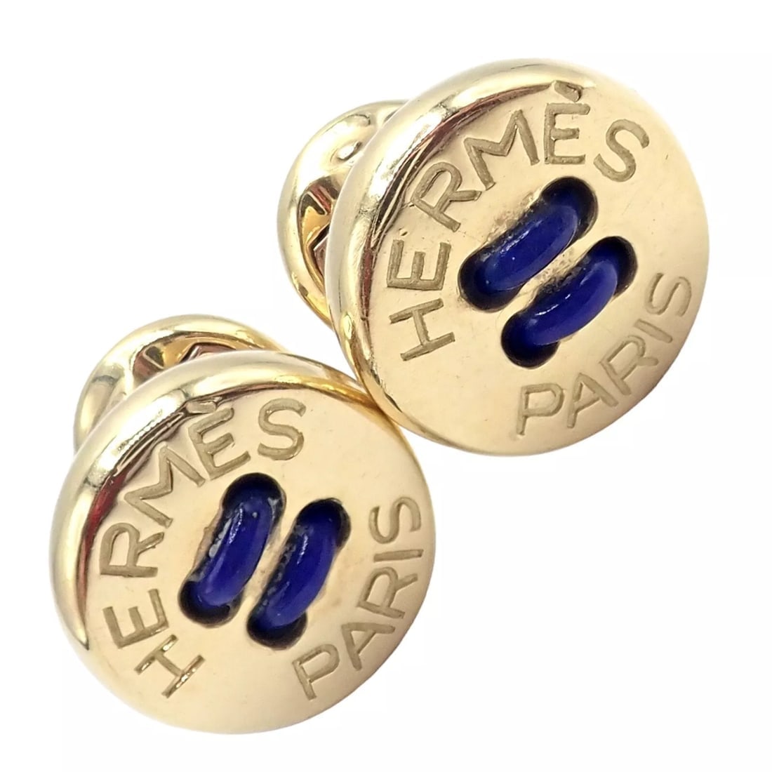 Rare! Vintage Authentic Hermes Paris 18k Yellow Gold Mens Lapis Button Cufflinks (1 of 11)