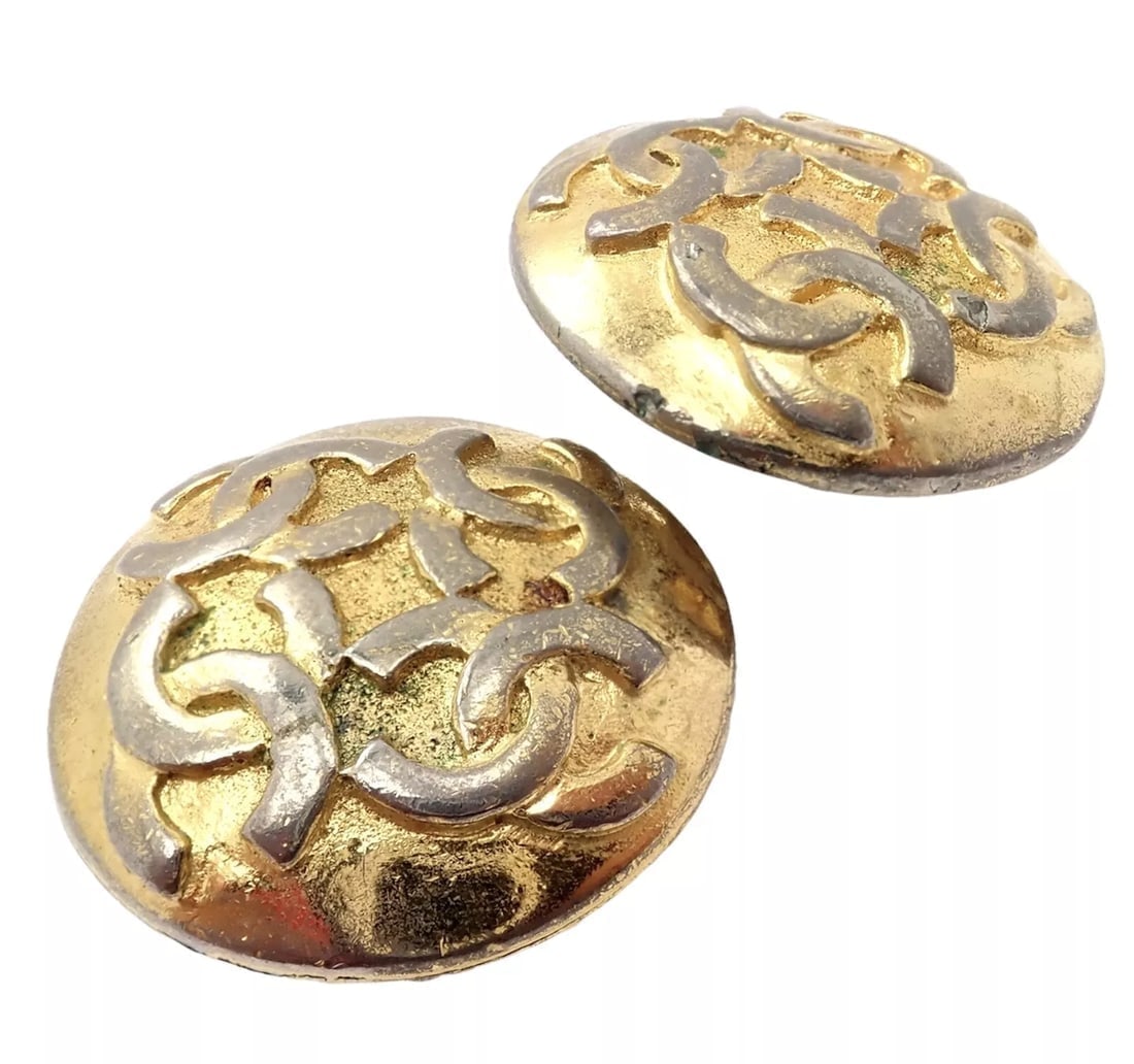 Rare! Vintage Chanel Paris France CC Logos Button Earrings Early 1980's (1 of 5)