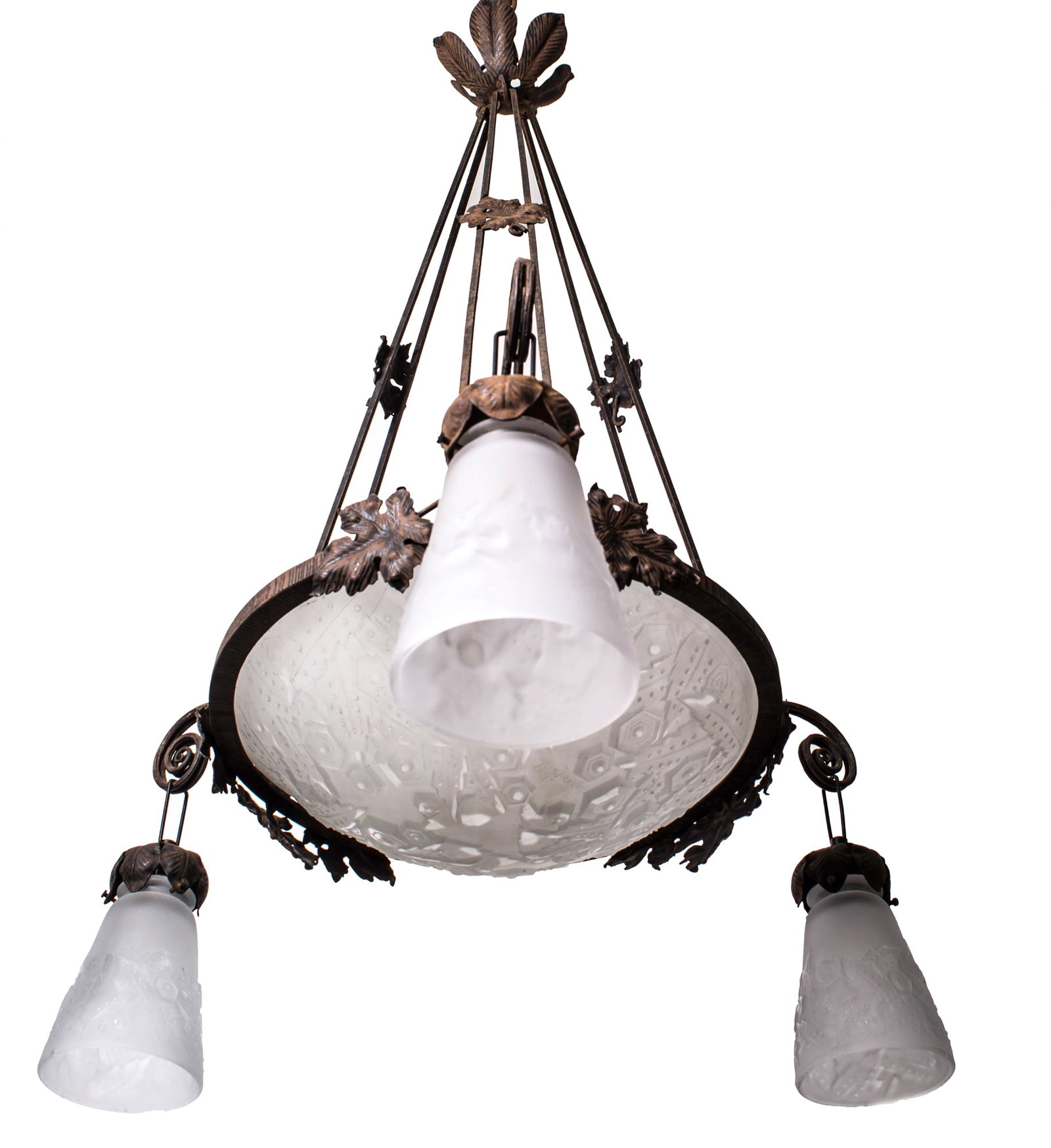 Home / FRENCH ART DECO CHANDELIER GLASS MULLER Cubist brown metal - 2