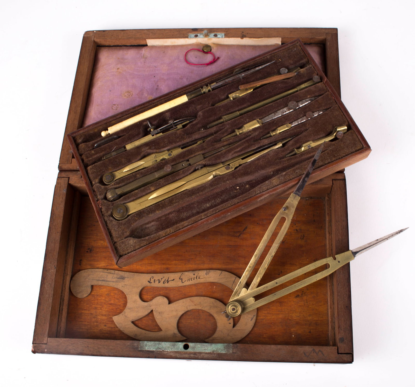 Home / French set of brass compass 19th mahogany box. - 3