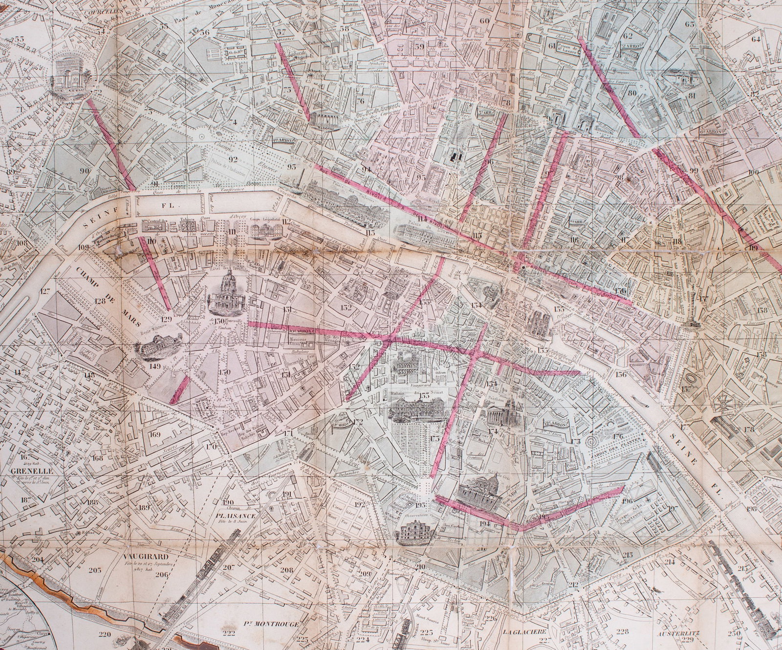 Home / 1858 LARGE FRENCH ANTIQUE MAP OF PARIS Dubreuil Vuillemin on linen backing - 2