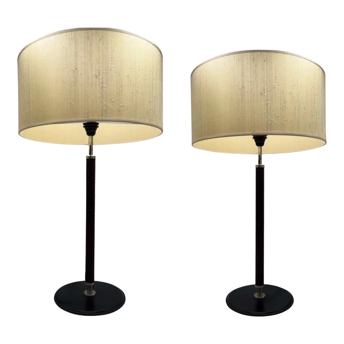 Pair, Arte Flash for Natuzzi "Ludovica" Leather Wrapped Table Lamps: A pair of Arte Flash for Natuzzi "Ludovica" Leather Wrapped Table Lamps. Each lamp has a black leather base, braided brown leather column stem and a open socket. Simple, sleek and modern. Each