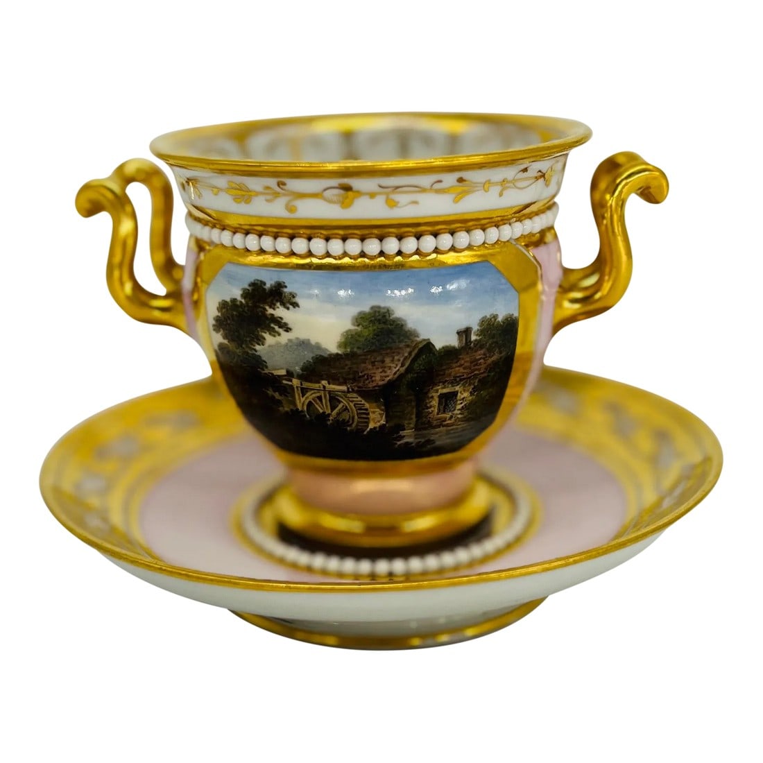 Flight Barr & Barr Porcelain Cabinet Cup & Saucer Attr: Thomas Baxter Circa 1815: Flight Barr & Barr Porcelain Cabinet Cup & Saucer Attr: Thomas Baxter Circa 1815 One side decorated with a scene of Mettingham Castle - The home of the late Sir John de Norwich in 1342. Verso