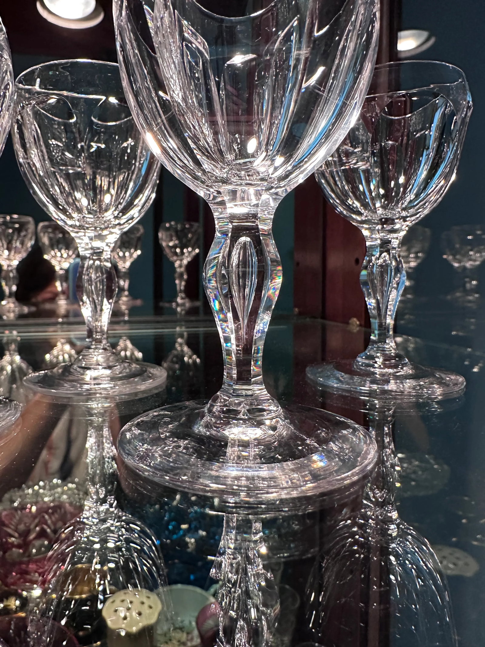 Set of 6 Antique Libbey Crystal Glass Port Wine Cut Panel Air Trap Bubble Stems Early 20th Century - 4