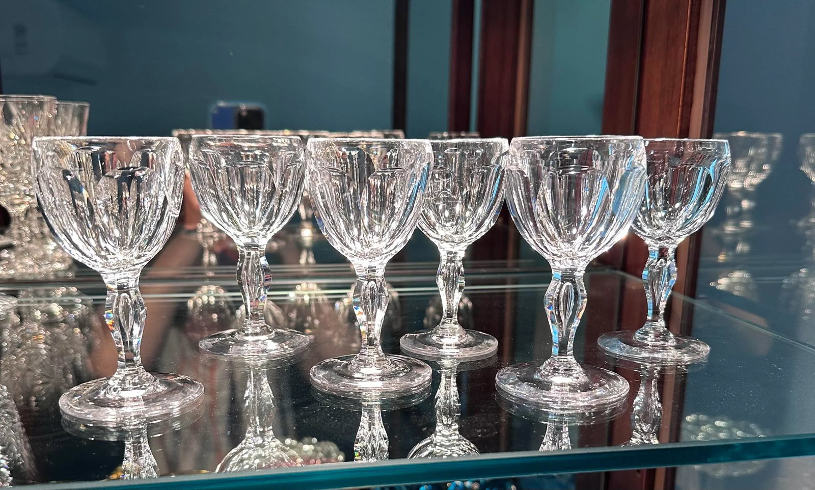 Set of 6 Antique Libbey Crystal Glass Port Wine Cut Panel Air Trap Bubble Stems Early 20th Century - 8