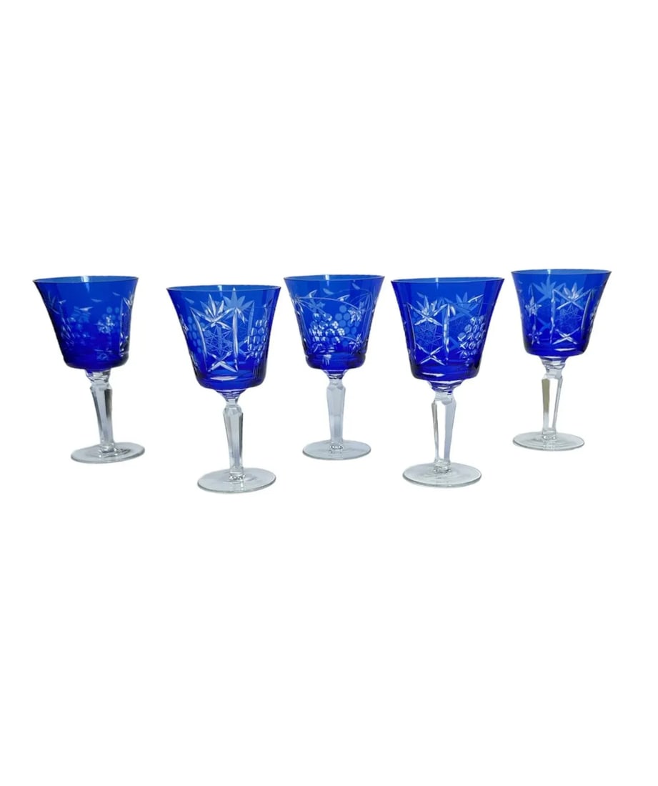 Vintage Cobalt Blue Cut to Clear Crystal Glasses- Set of 5 - 11