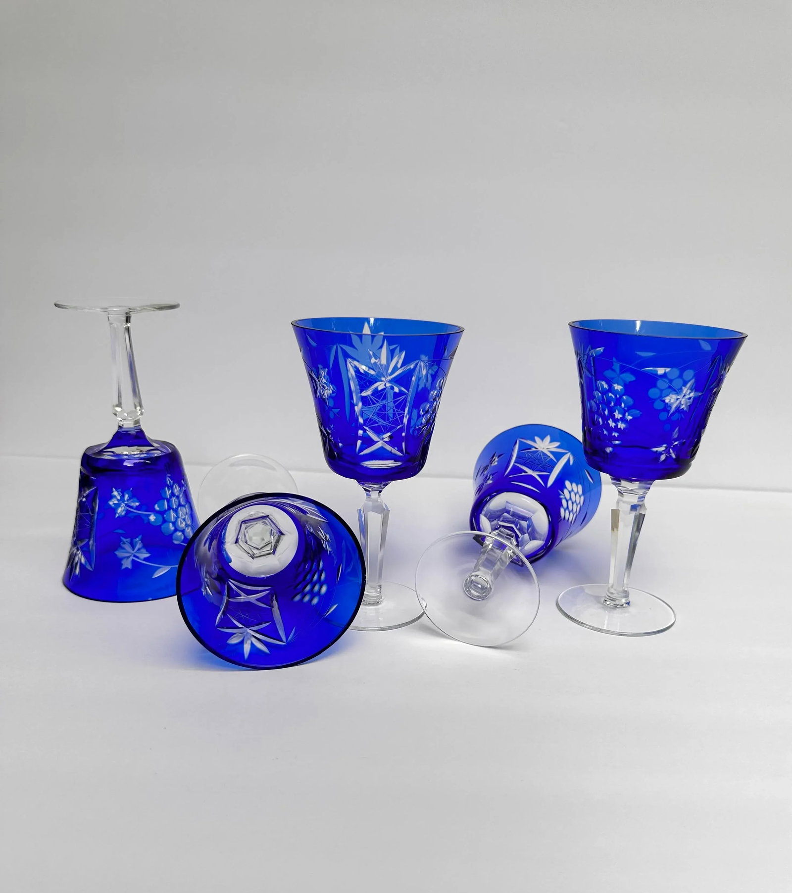 Vintage Cobalt Blue Cut to Clear Crystal Glasses- Set of 5 - 2