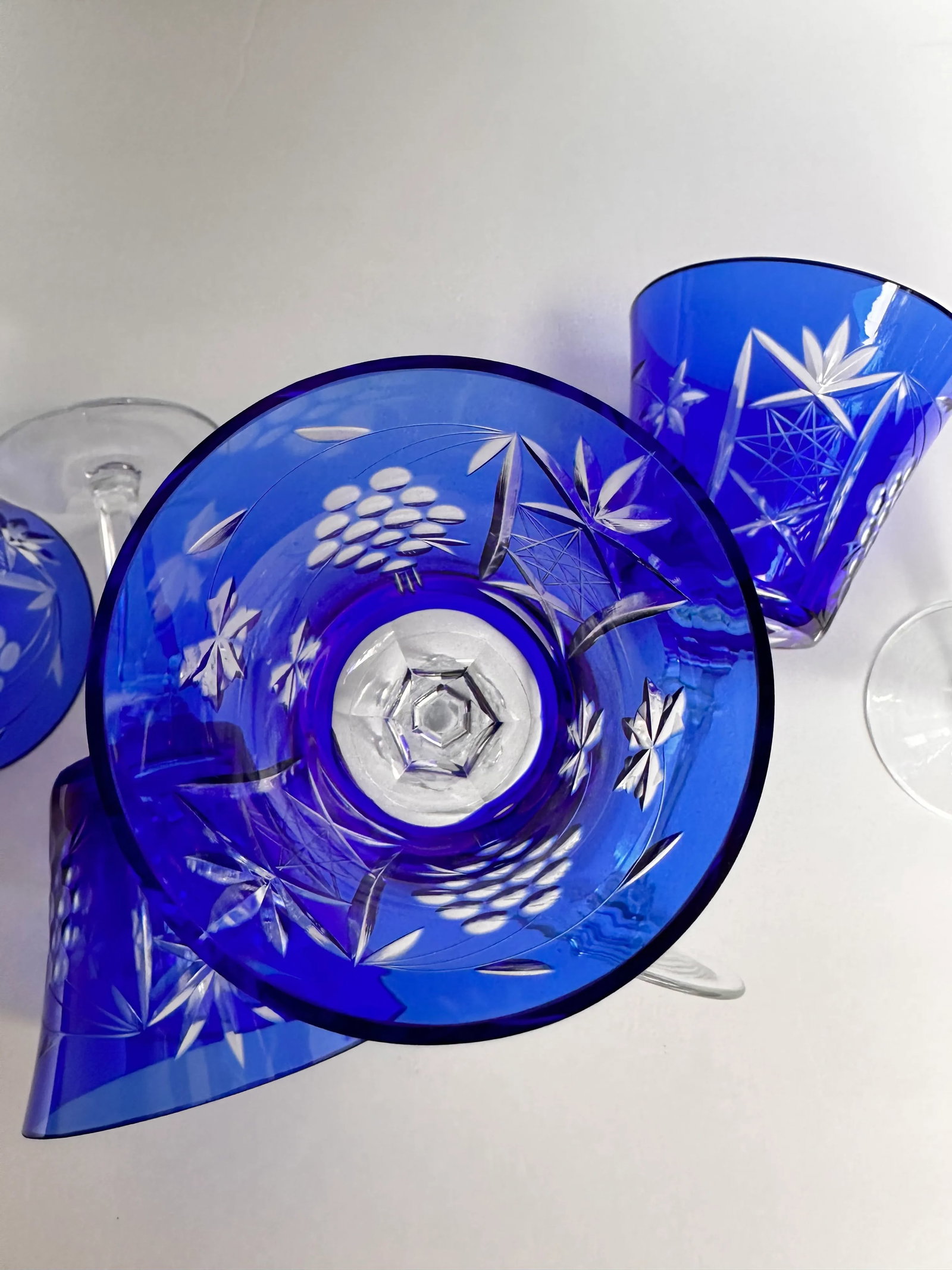 Vintage Cobalt Blue Cut to Clear Crystal Glasses- Set of 5 - 3