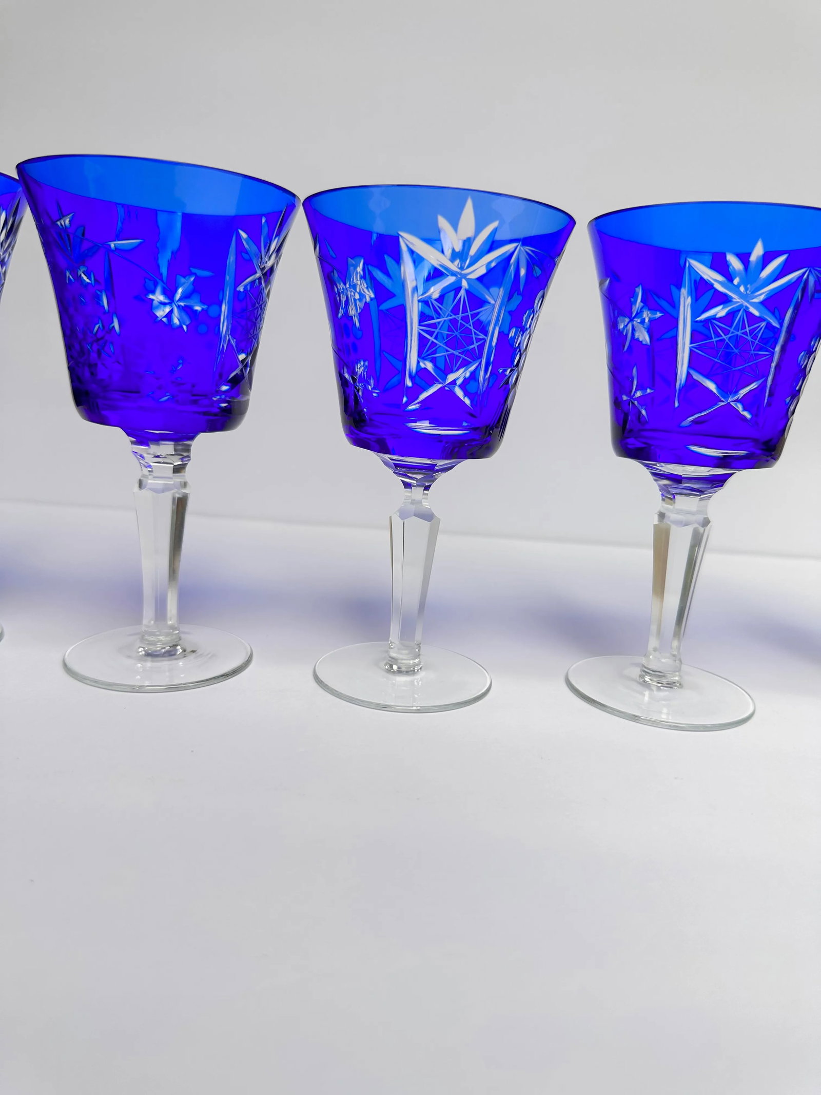 Vintage Cobalt Blue Cut to Clear Crystal Glasses- Set of 5 - 7