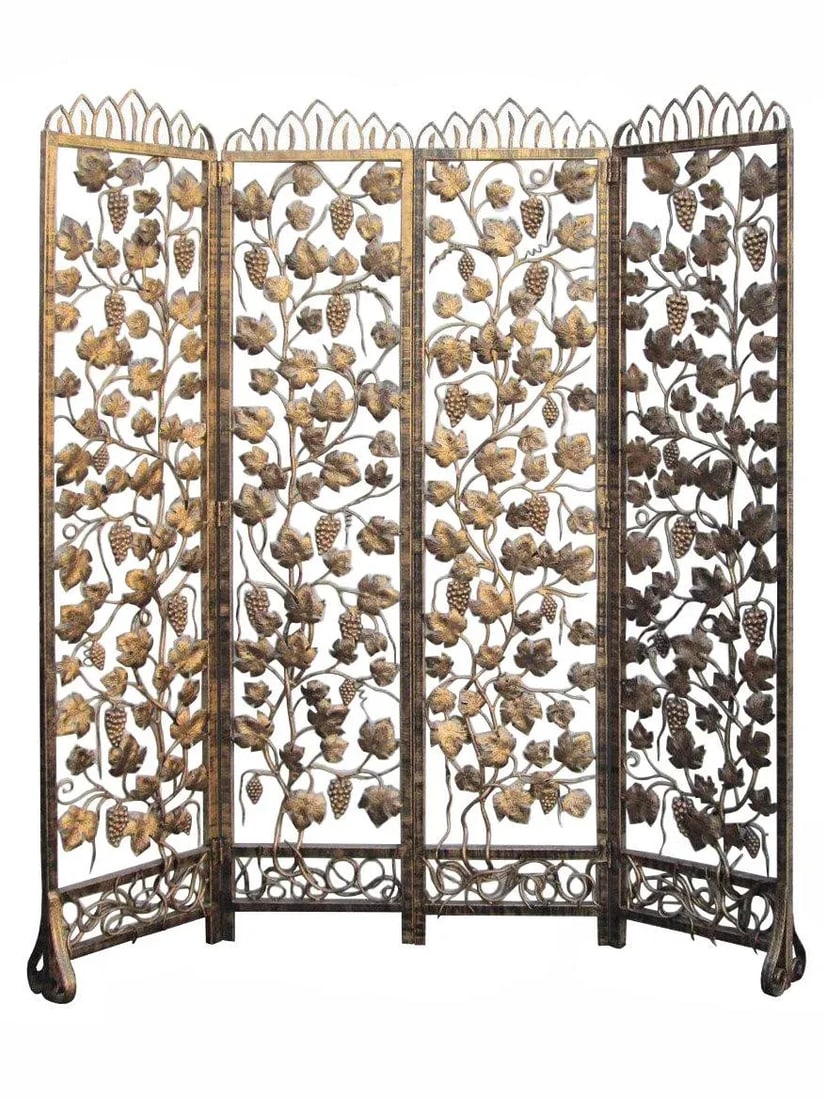 Handmade Golden Color Grape Leave Motif Metal Panel Screen Divider - 2