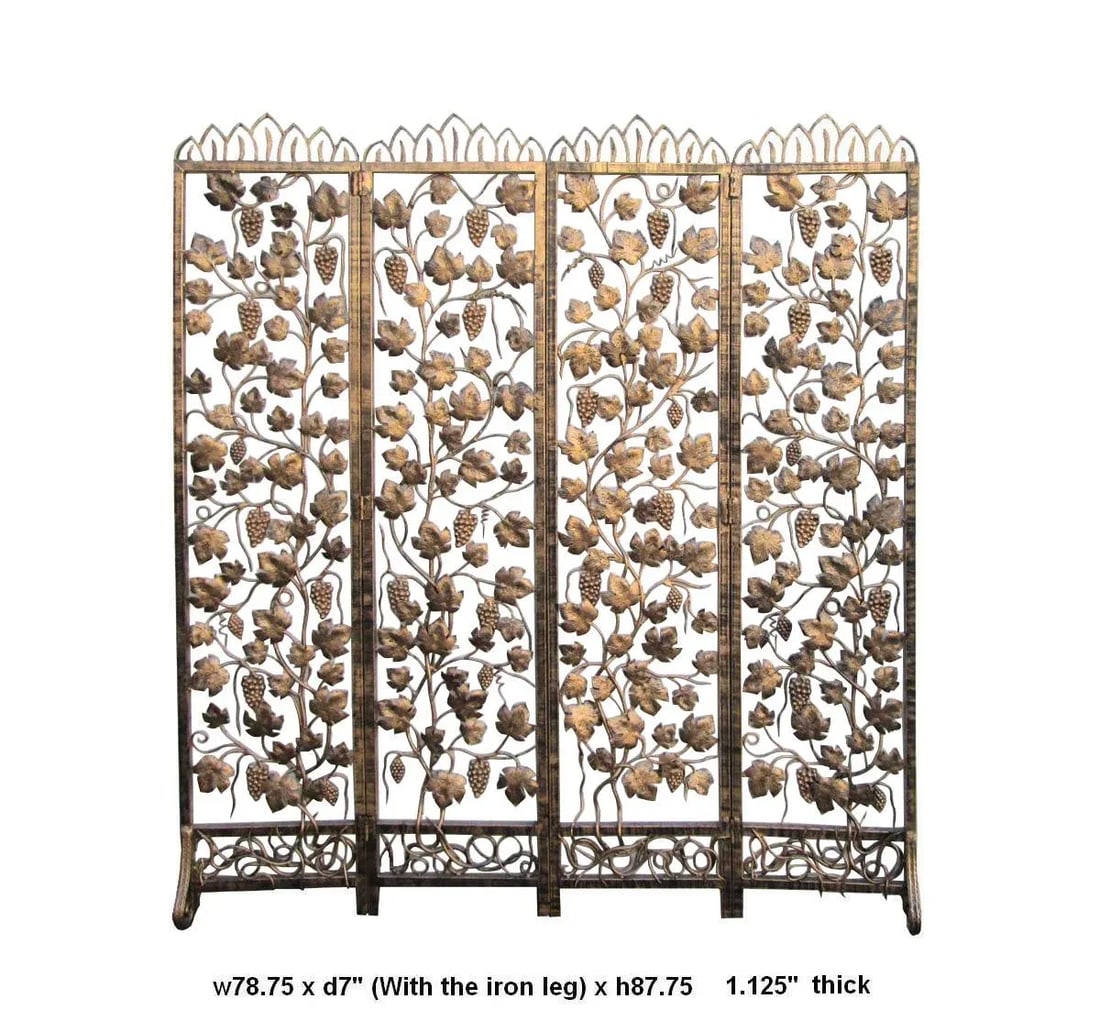 Handmade Golden Color Grape Leave Motif Metal Panel Screen Divider - 5