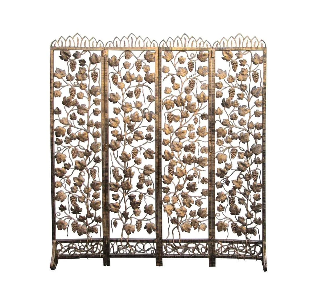 Handmade Golden Color Grape Leave Motif Metal Panel Screen Divider - 6