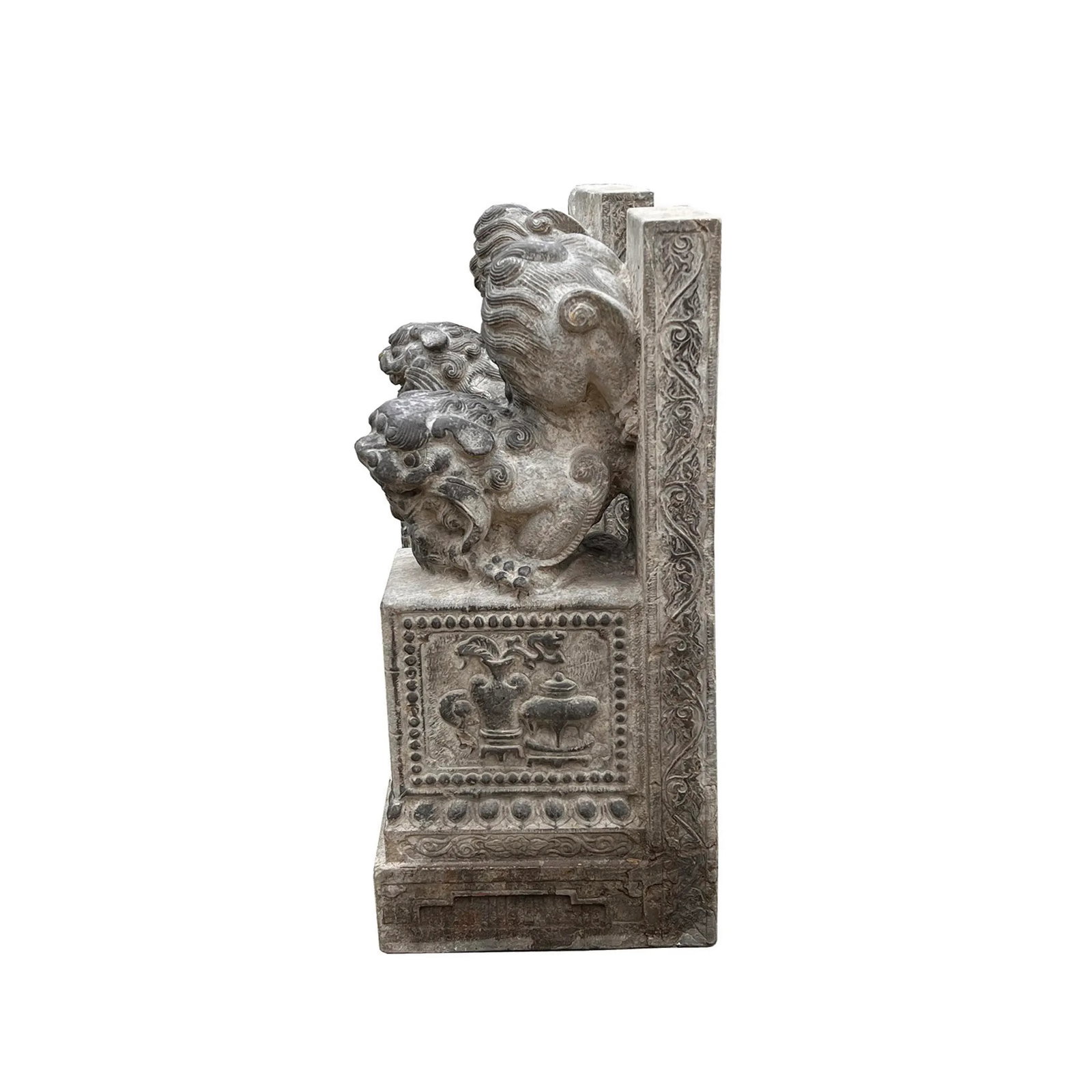 Chinese Pair Gray Stone Fengshui Foo Dogs Lions Door Block Statue - 2