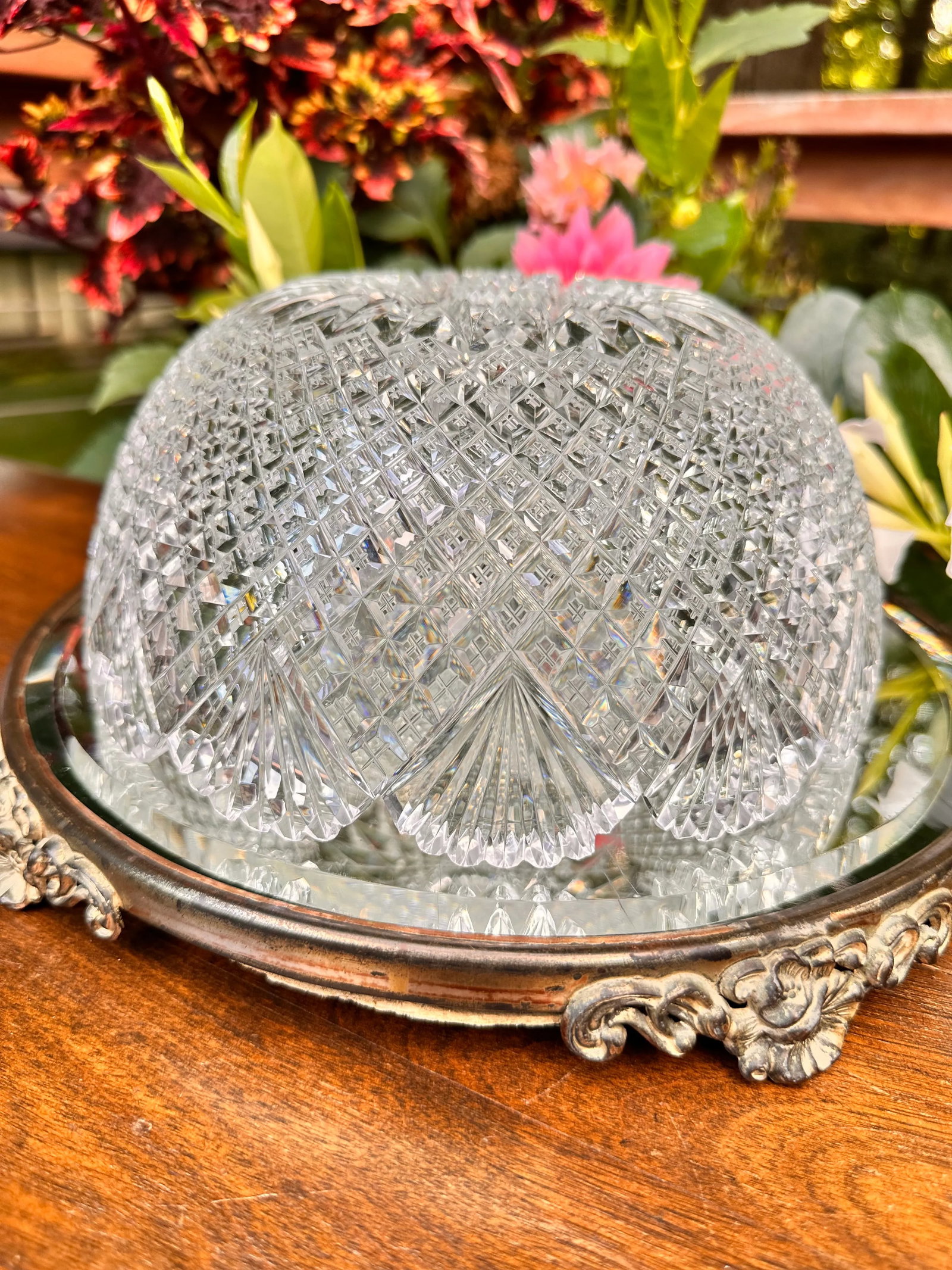 Antique Crystal Serving Bowl American Brilliant Period Early 20th Century Strawberry Diamond Fan - 6