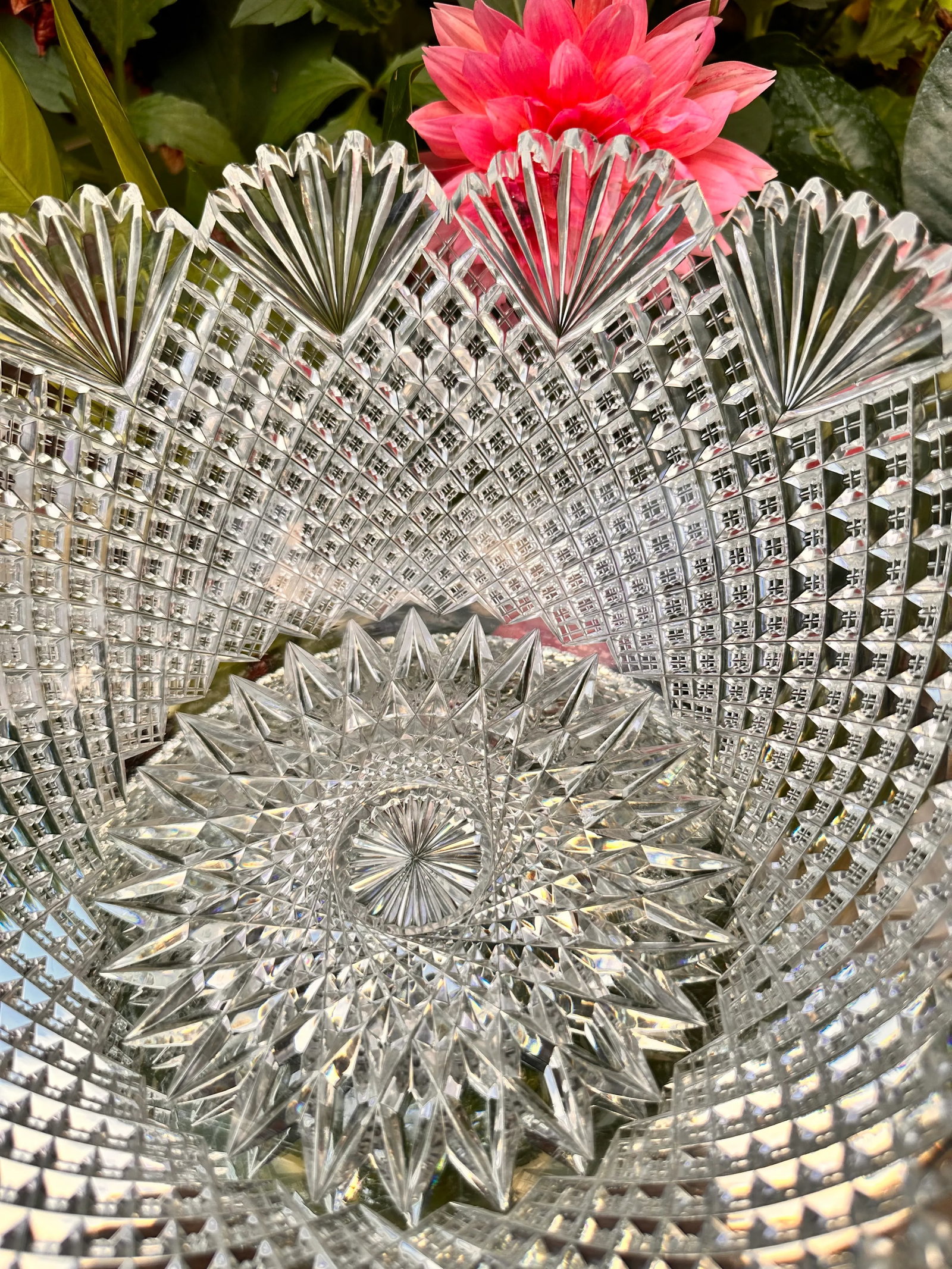 Antique Crystal Serving Bowl American Brilliant Period Early 20th Century Strawberry Diamond Fan - 7