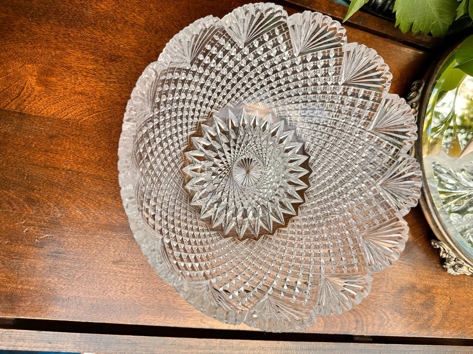Antique Crystal Serving Bowl American Brilliant Period Early 20th Century Strawberry Diamond Fan - 9