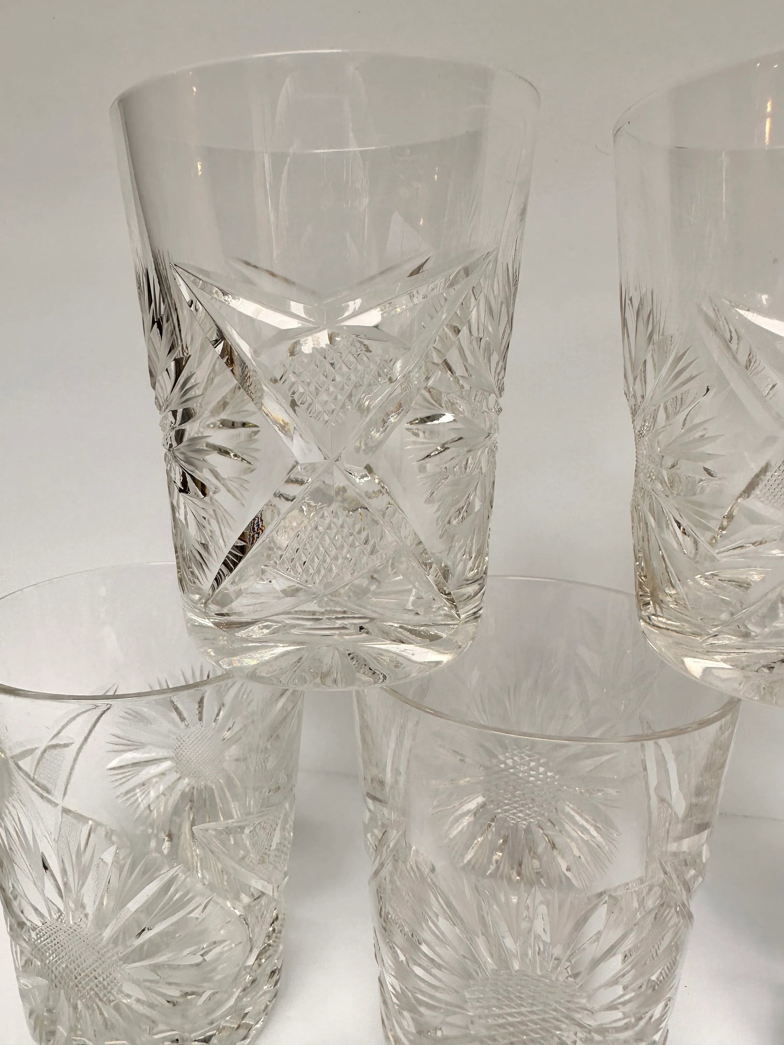 1930s Crystal Sun Flower Geometric Motif Tumblers- Set of 5 - 3