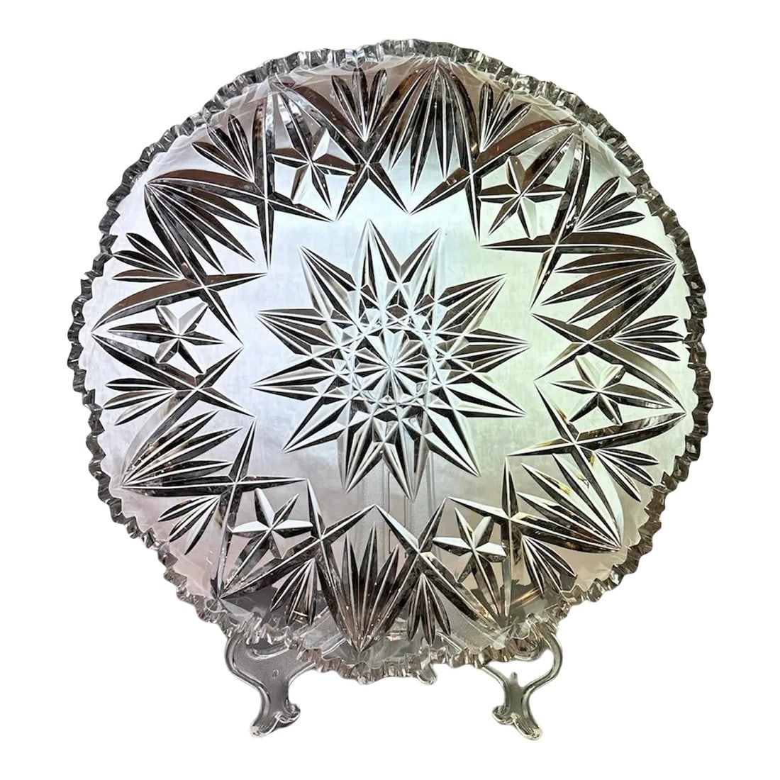 Antique American Brilliant Period Cut Crystal Platter: 12" Round Antique Crystal Cut Glass Platter 2" deep American Brilliant Period Cut Crystal Early 1900's A good daily user as it shows age and wear with scratching throughout. No chips or cracks. 